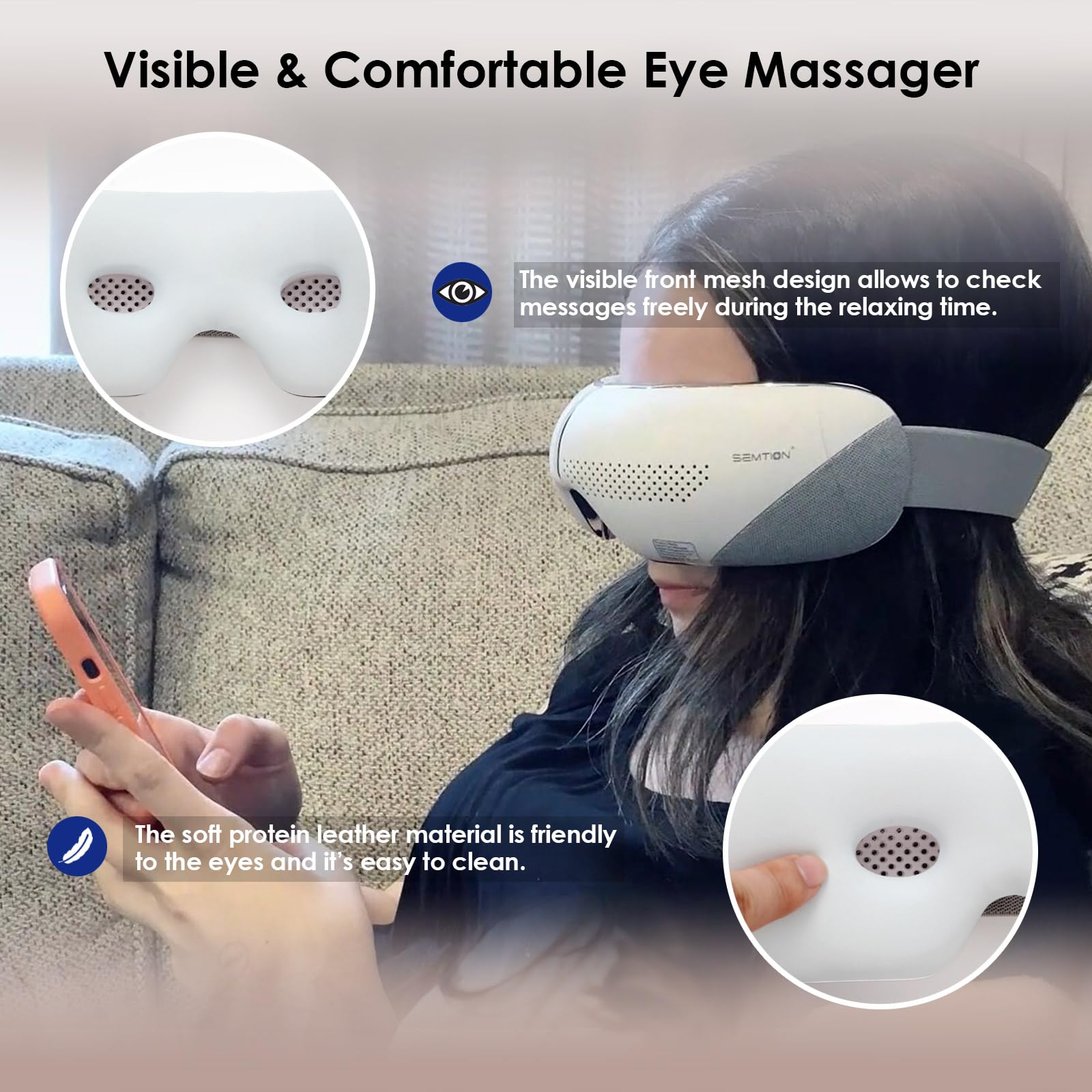 SEMTION Eye Massager with Heat, adjustable strap ensures a comfortable universal fit