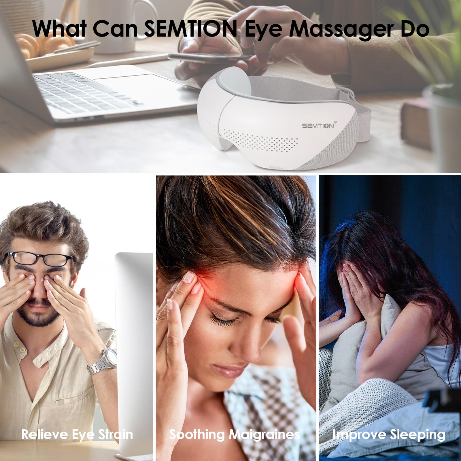 SEMTION Eye Massager with Heat, front window view enabling message checks during relaxation