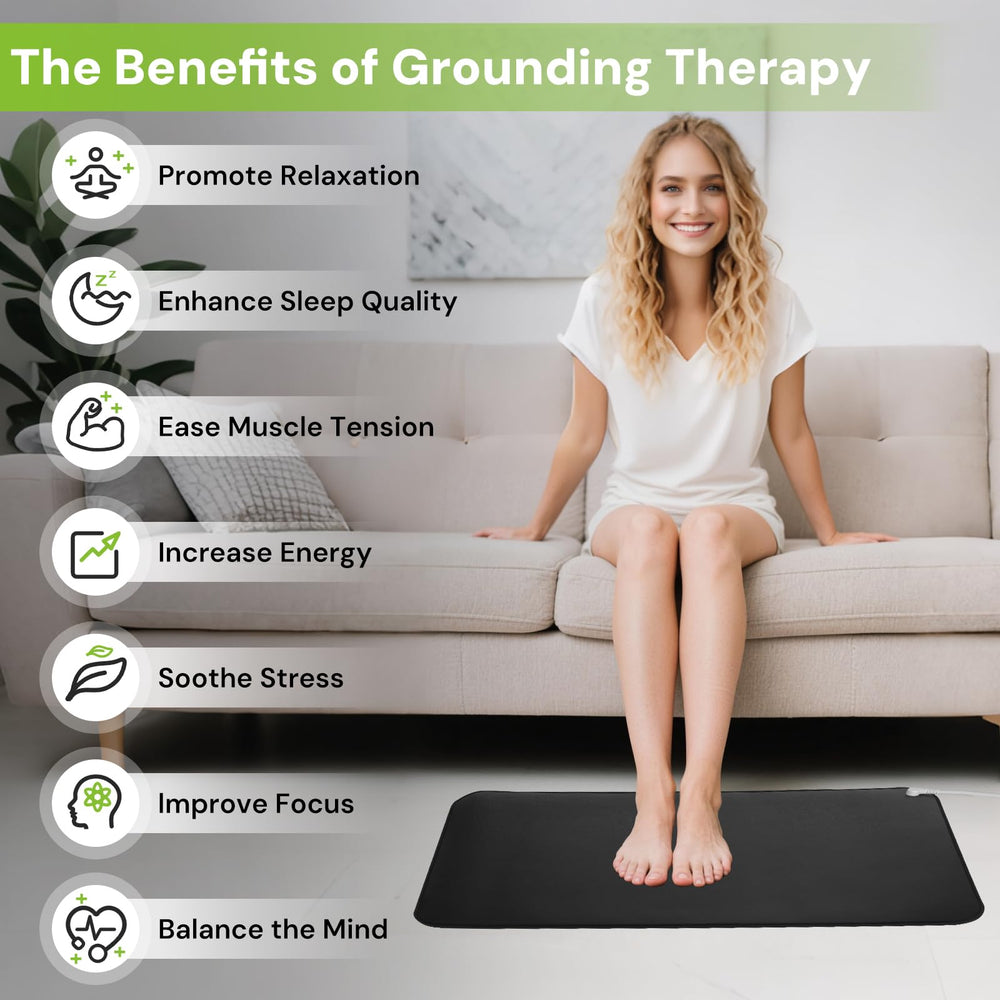 Senedy Health grounding mat on desk setup with non-slip bottom.