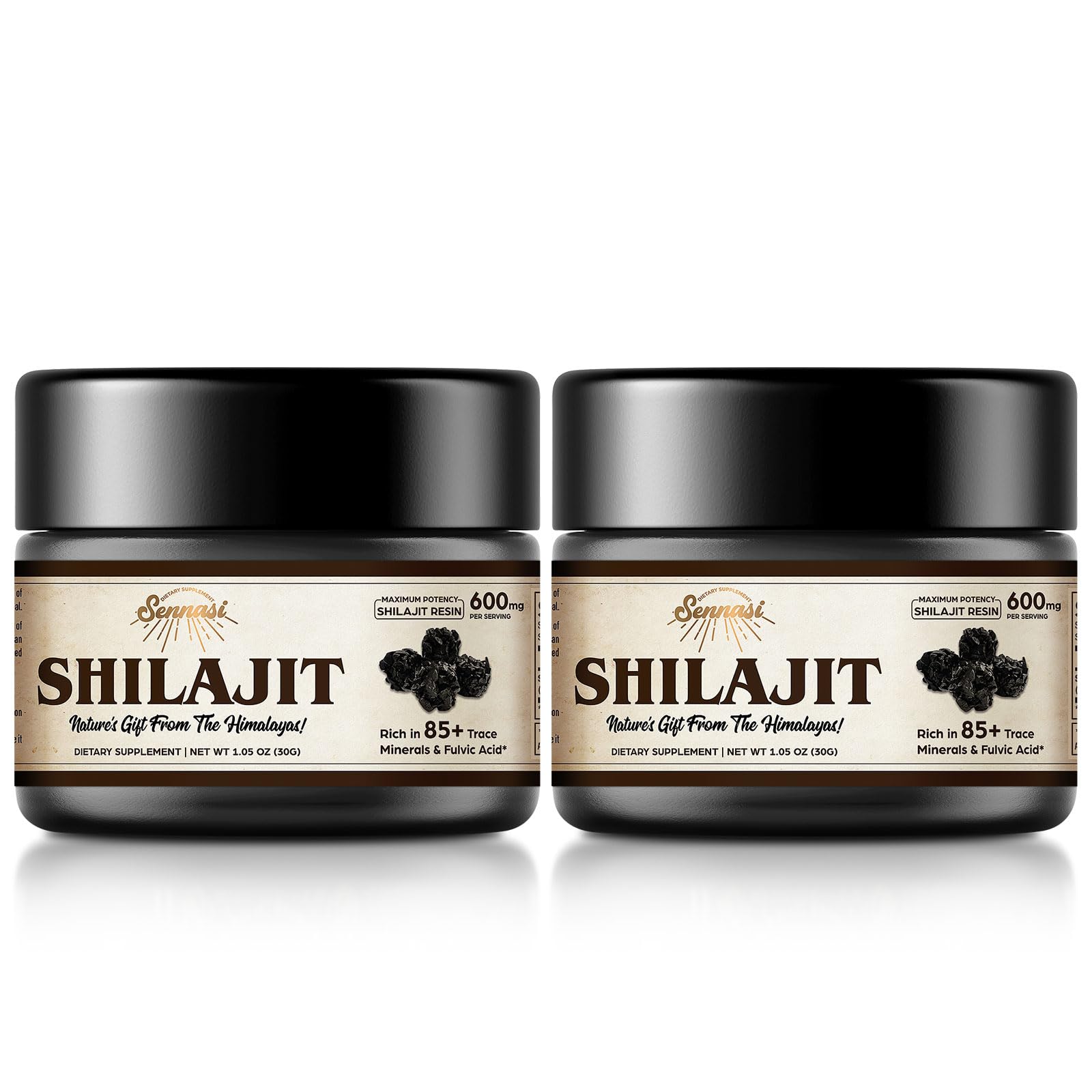 Sennasi Shilajit resin bottle close-up highlighting rich amber resin for daily vitality.