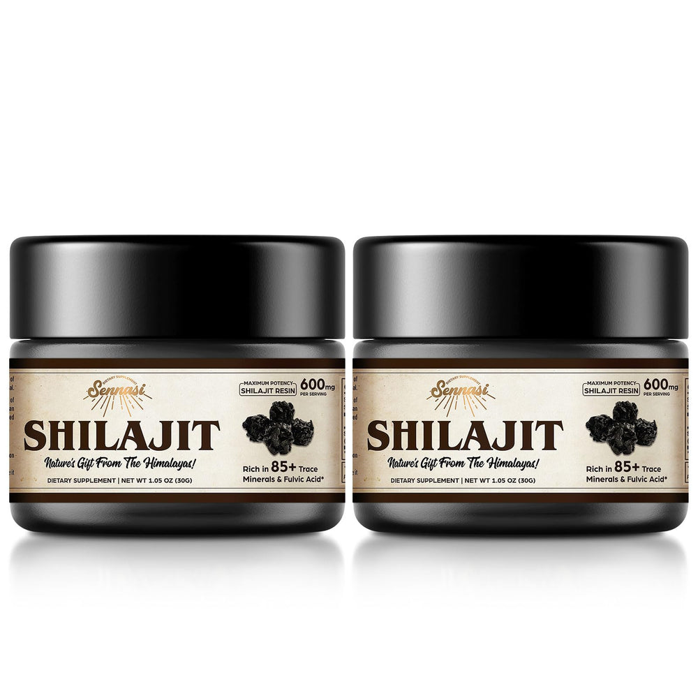Sennasi Shilajit resin bottle close-up highlighting rich amber resin for daily vitality.