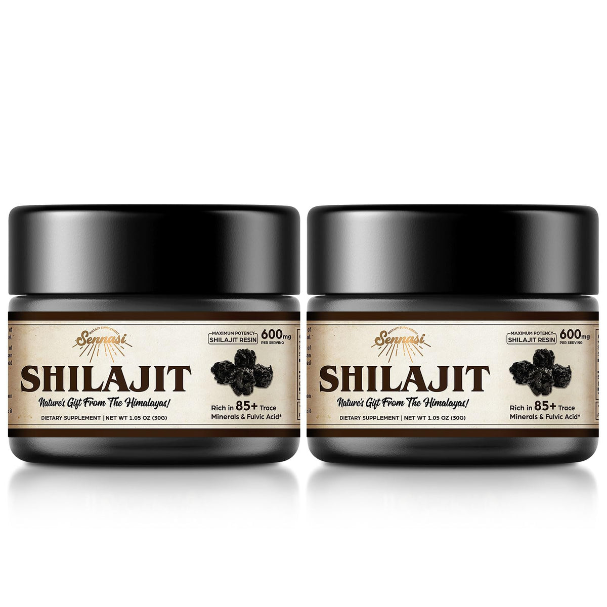 Sennasi Shilajit resin bottle close-up highlighting rich amber resin for daily vitality.