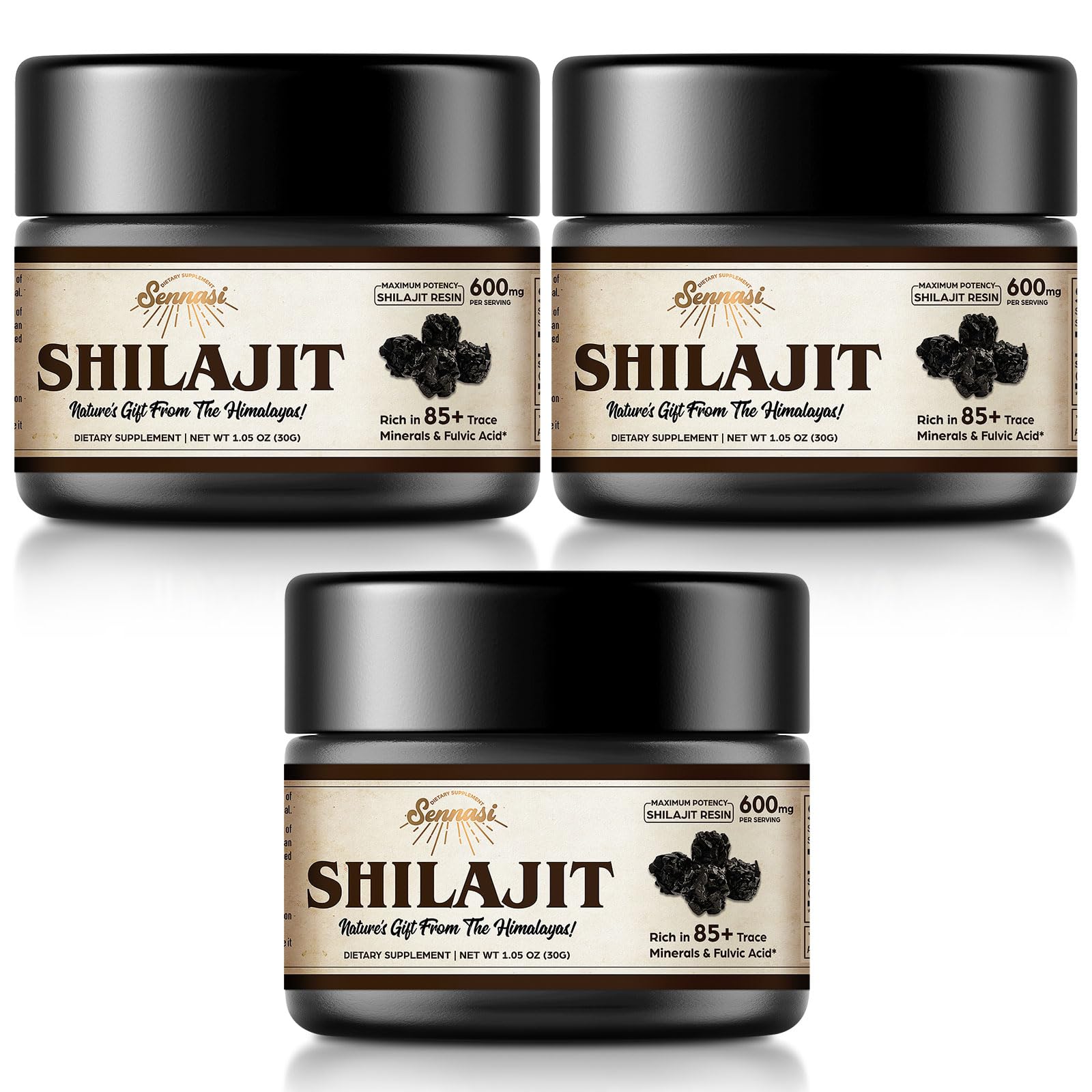 Sennasi Shilajit resin bottle front showing pure extract for daily energy support