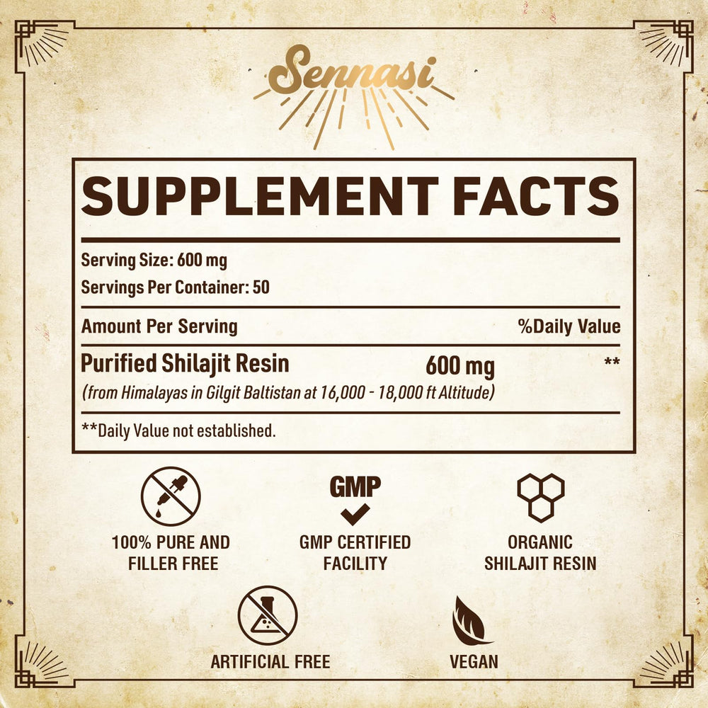 Sennasi Shilajit resin bottle side view with double sealed glass preserving freshness