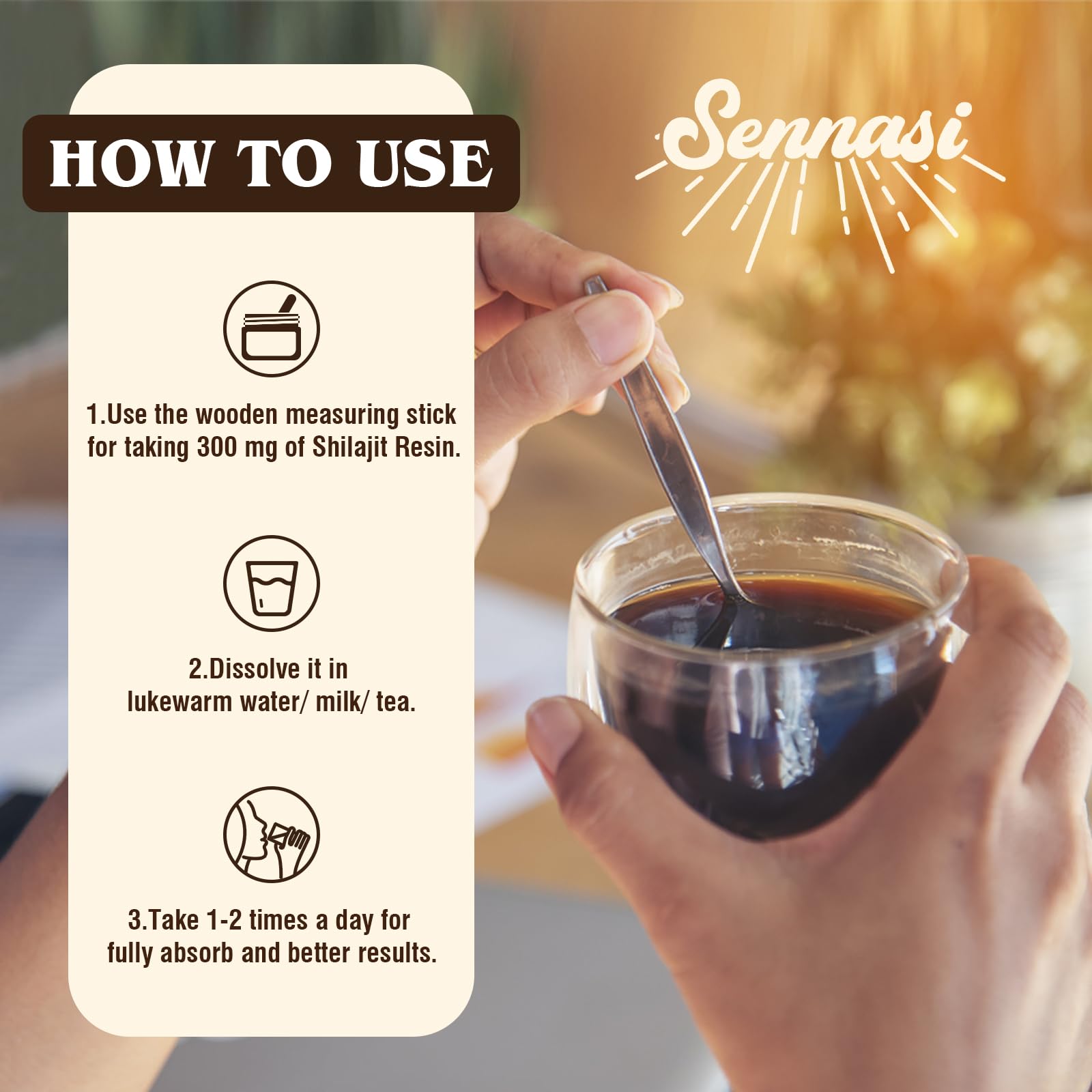 Sennasi Shilajit Resin sealed glass bottle preserves freshness and potency