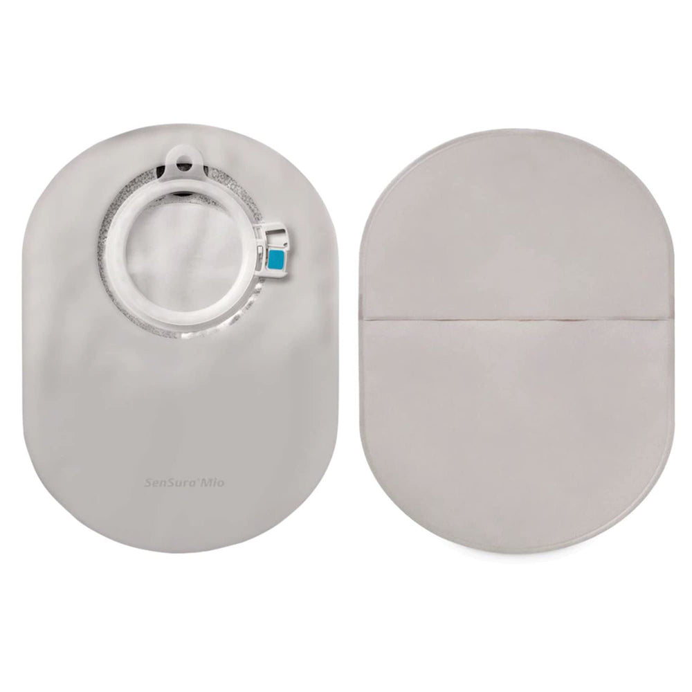 SenSura Mio filtered ostomy pouch for 50 mm stoma with flat end, discreet design.