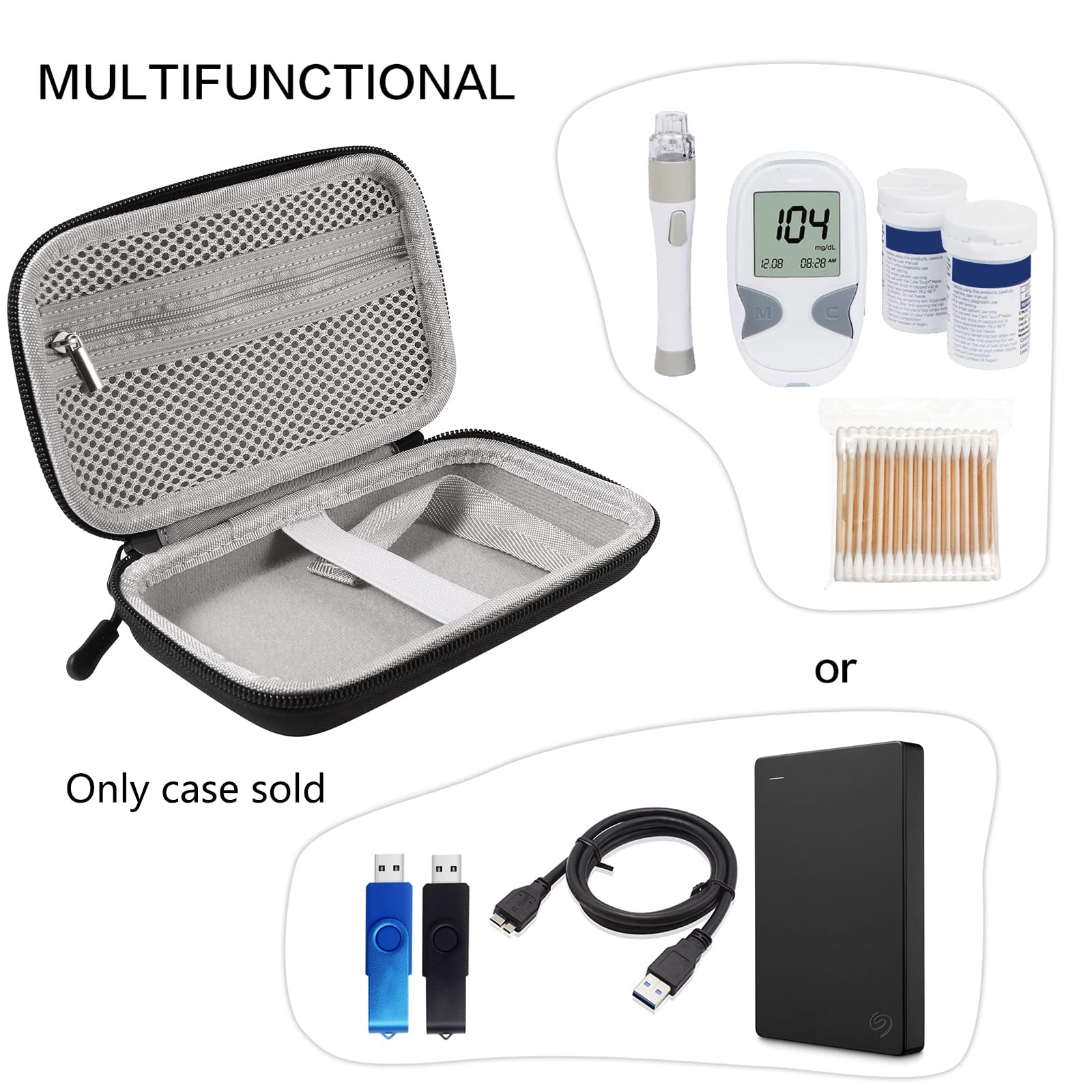 Seqoiyia case interior pockets organize test strips and lancets securely.