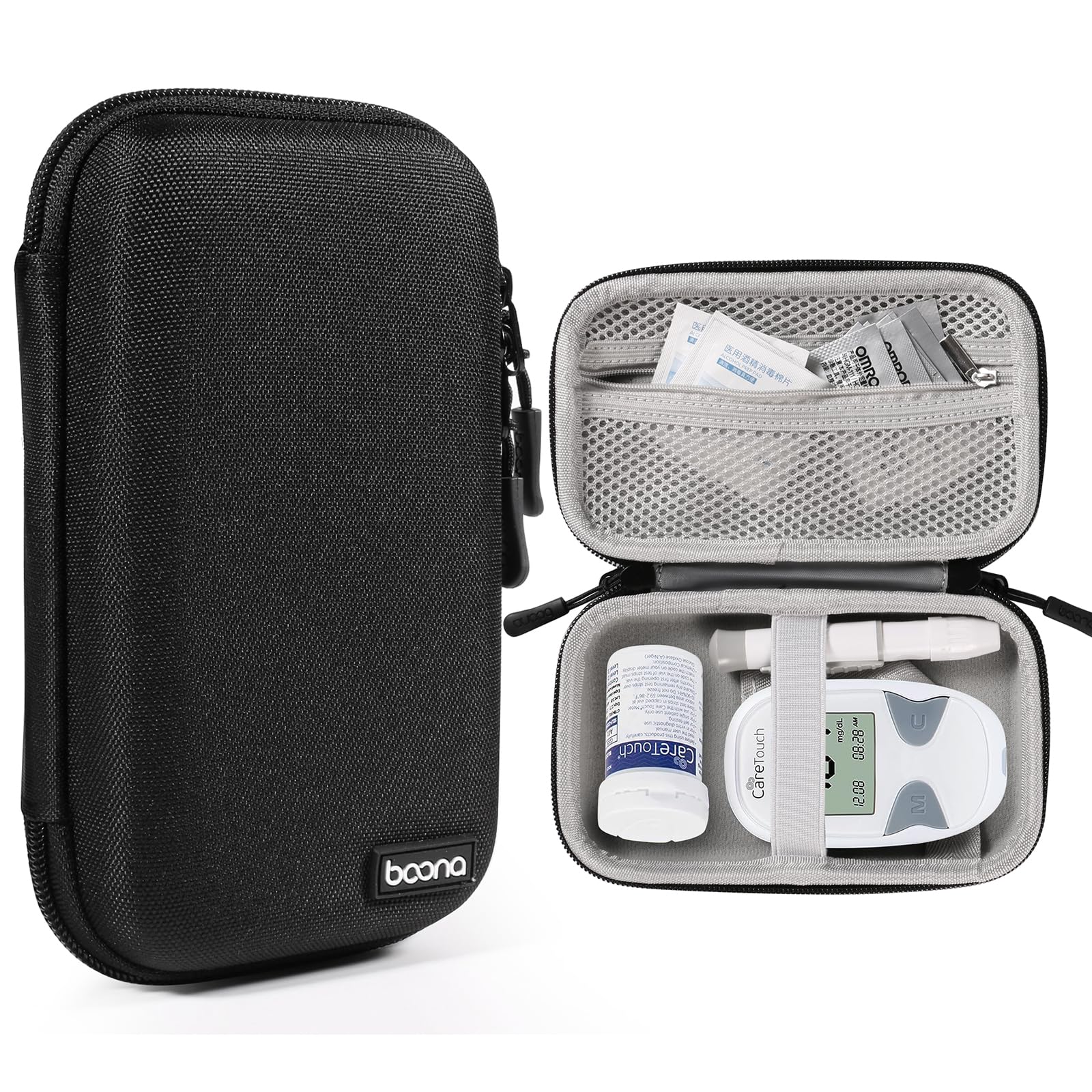 Seqoiyia diabetic travel case in black keeps your glucose monitor protected on the go.