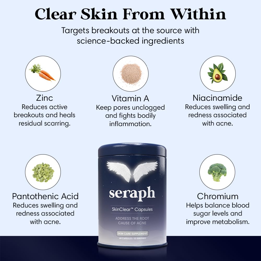 Close-up of Seraph capsules showcasing zinc and vitamin A benefits.