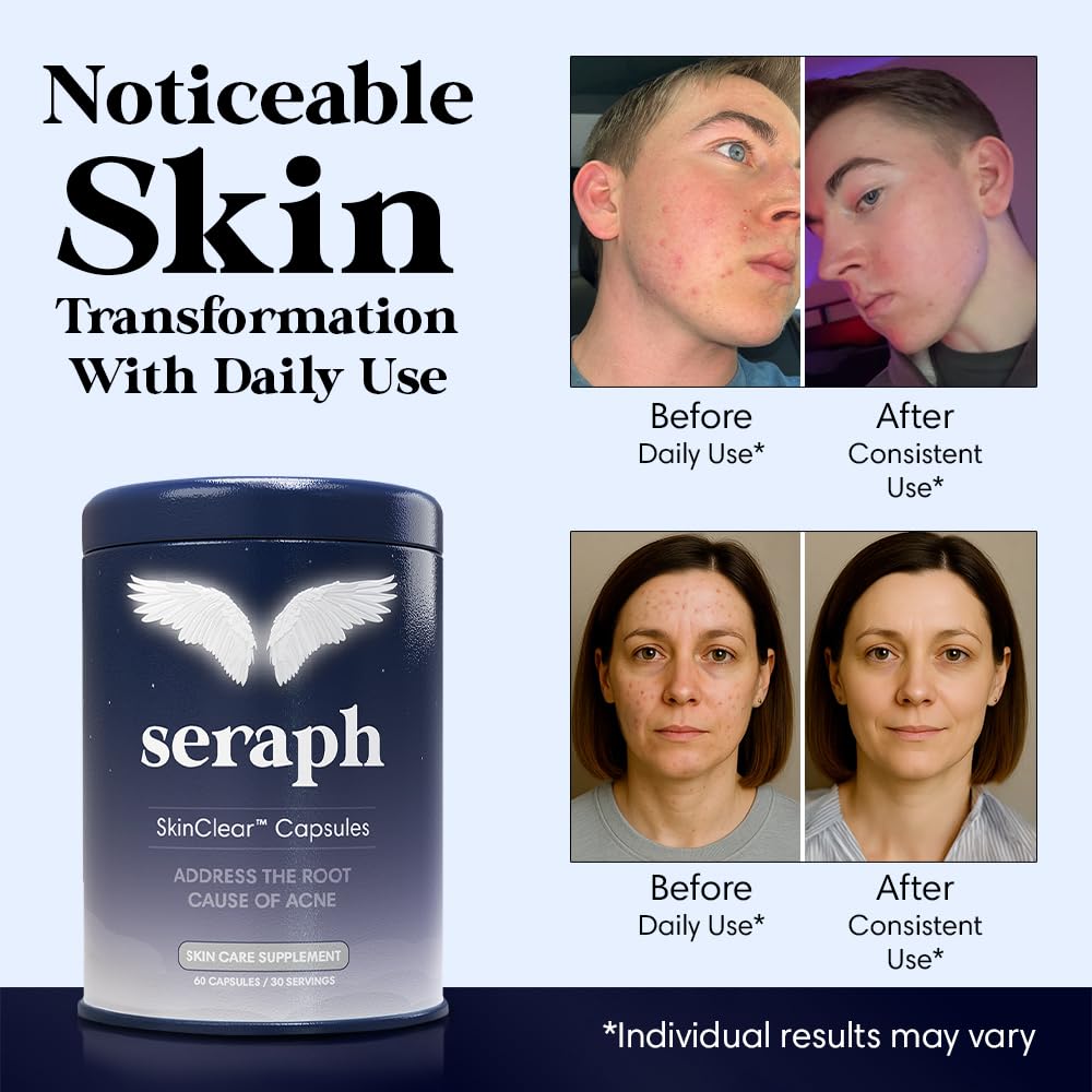 Seraph acne supplement packaging front highlighting clean ingredients.