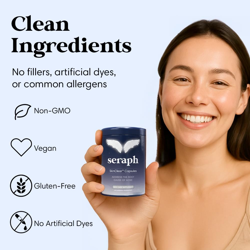 Seraph probiotic blend on packaging suggests gut-skin balance support.