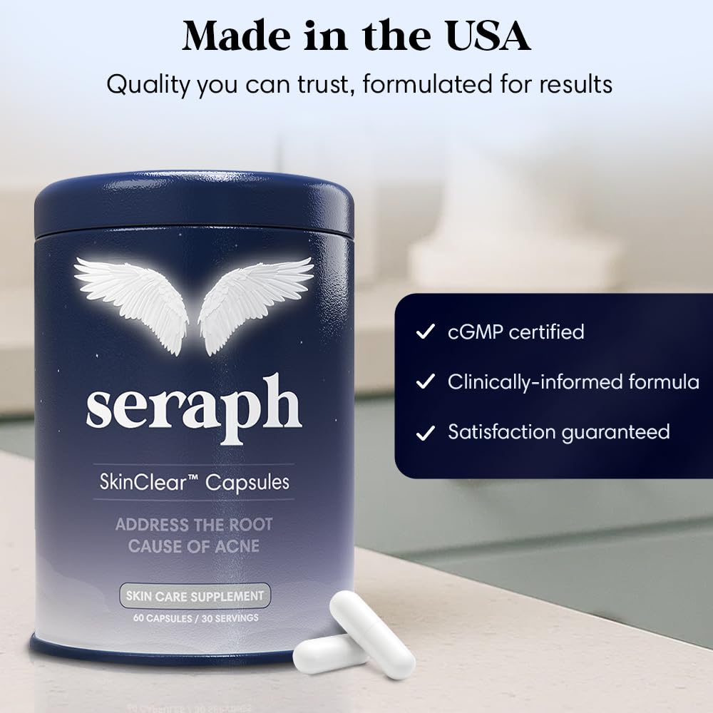USA-made Seraph acne supplement on a clean kitchen counter.