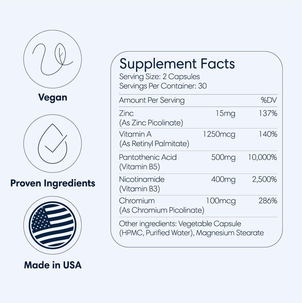 Seraph label notes zinc and vitamin A for skin health.