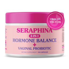 Seraphina Vaginal Probiotics bottle label highlights 90 capsules for daily feminine care.