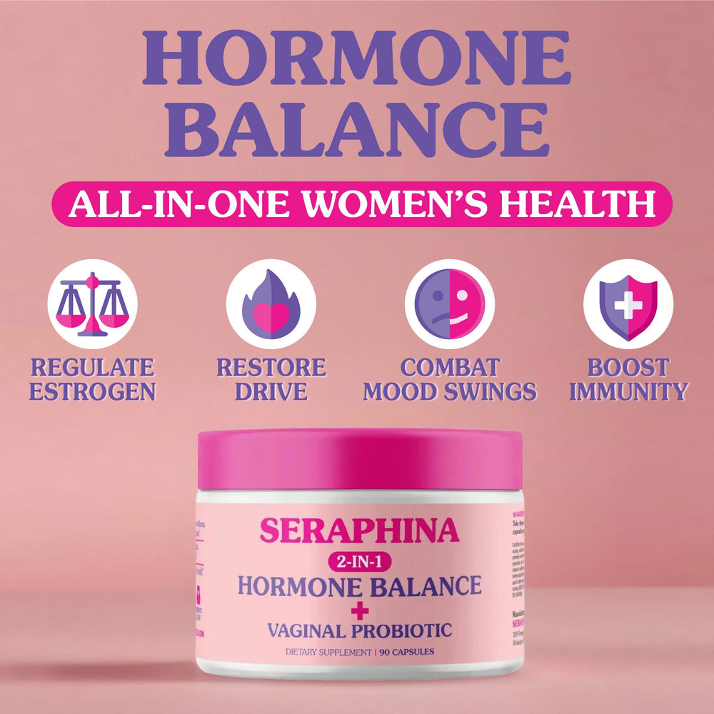 Seraphina capsules closeup shows 10 billion CFU and multi-strain formula for women.