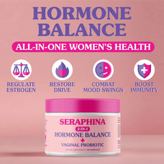 Seraphina capsules closeup shows 10 billion CFU and multi-strain formula for women.