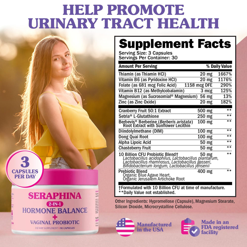 Seraphina capsules with cranberry and botanicals hint at PMS relief support.