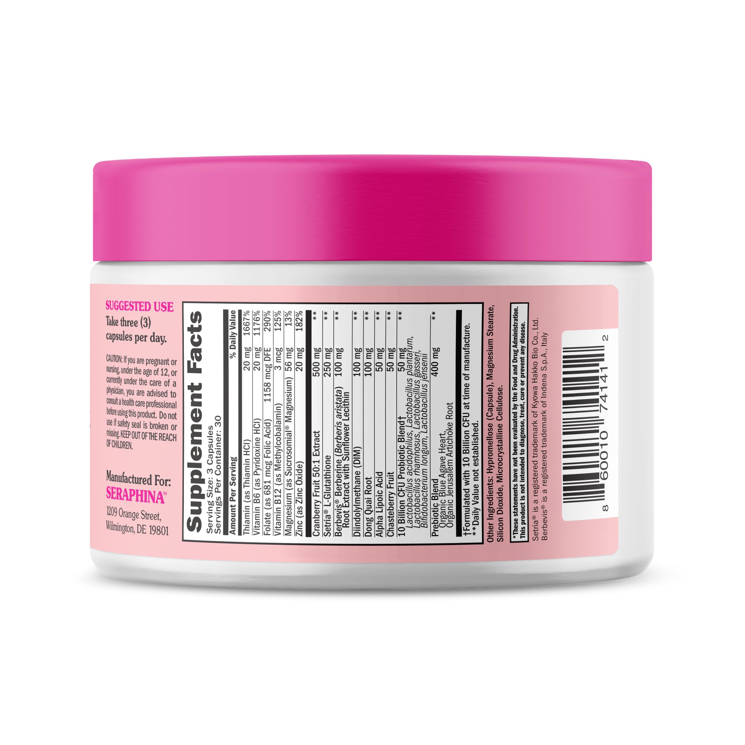 Seraphina 2-in-1 vaginal health packaging promotes regular use and balance.