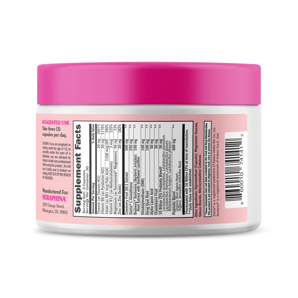 Seraphina 2-in-1 vaginal health packaging promotes regular use and balance.