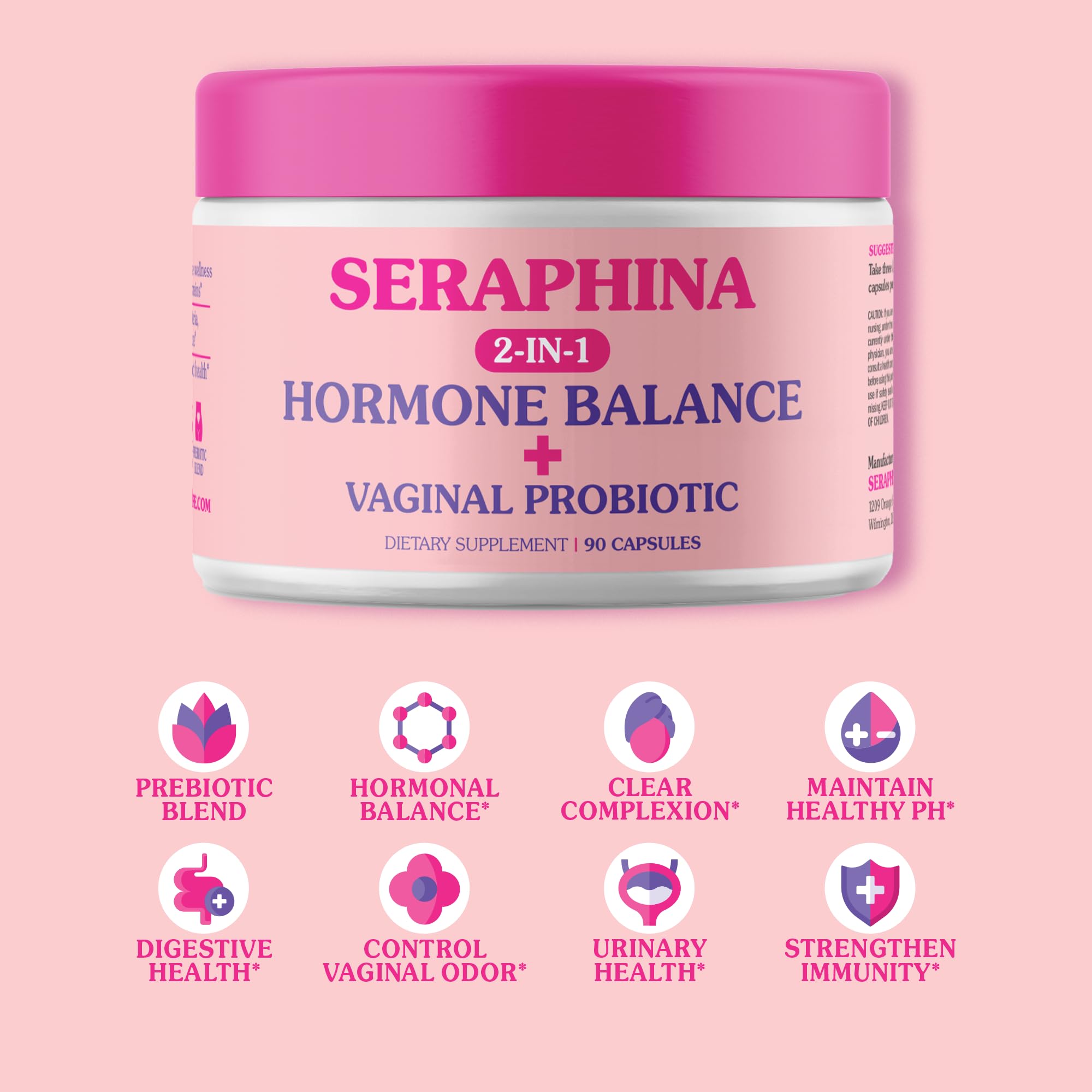 Seraphina non-GMO gluten-free formula highlighted for daily feminine wellness.