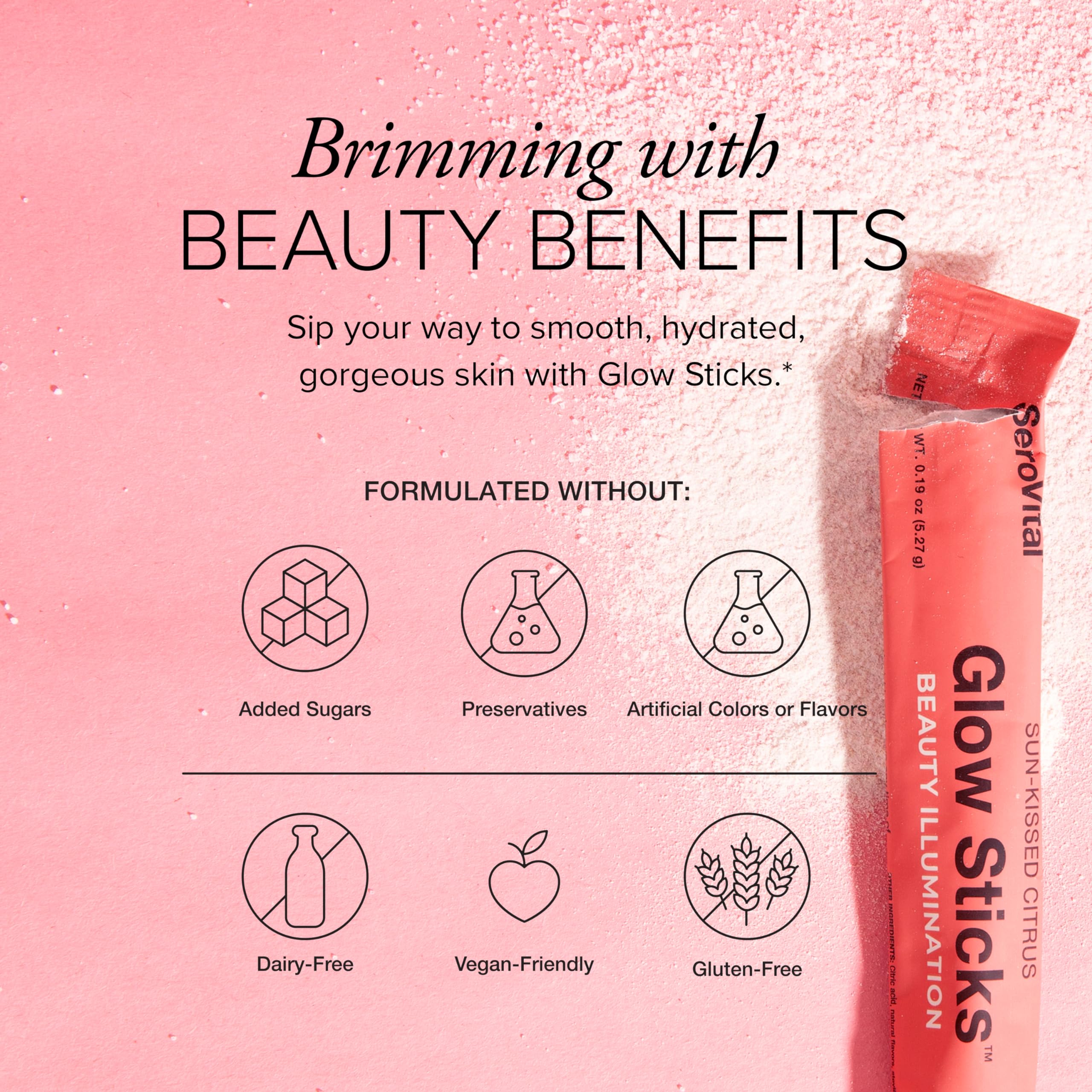 Serovital Glow Sticks label featuring sun-kissed citrus flavor for daily use