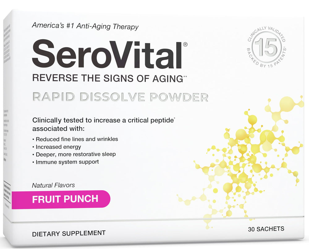 Serovital rapid-dissolve fruit punch powder in a tub for daily use.