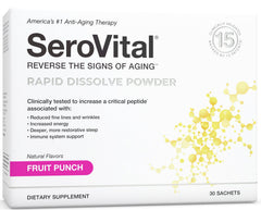 Serovital rapid-dissolve fruit punch powder in a tub for daily use.