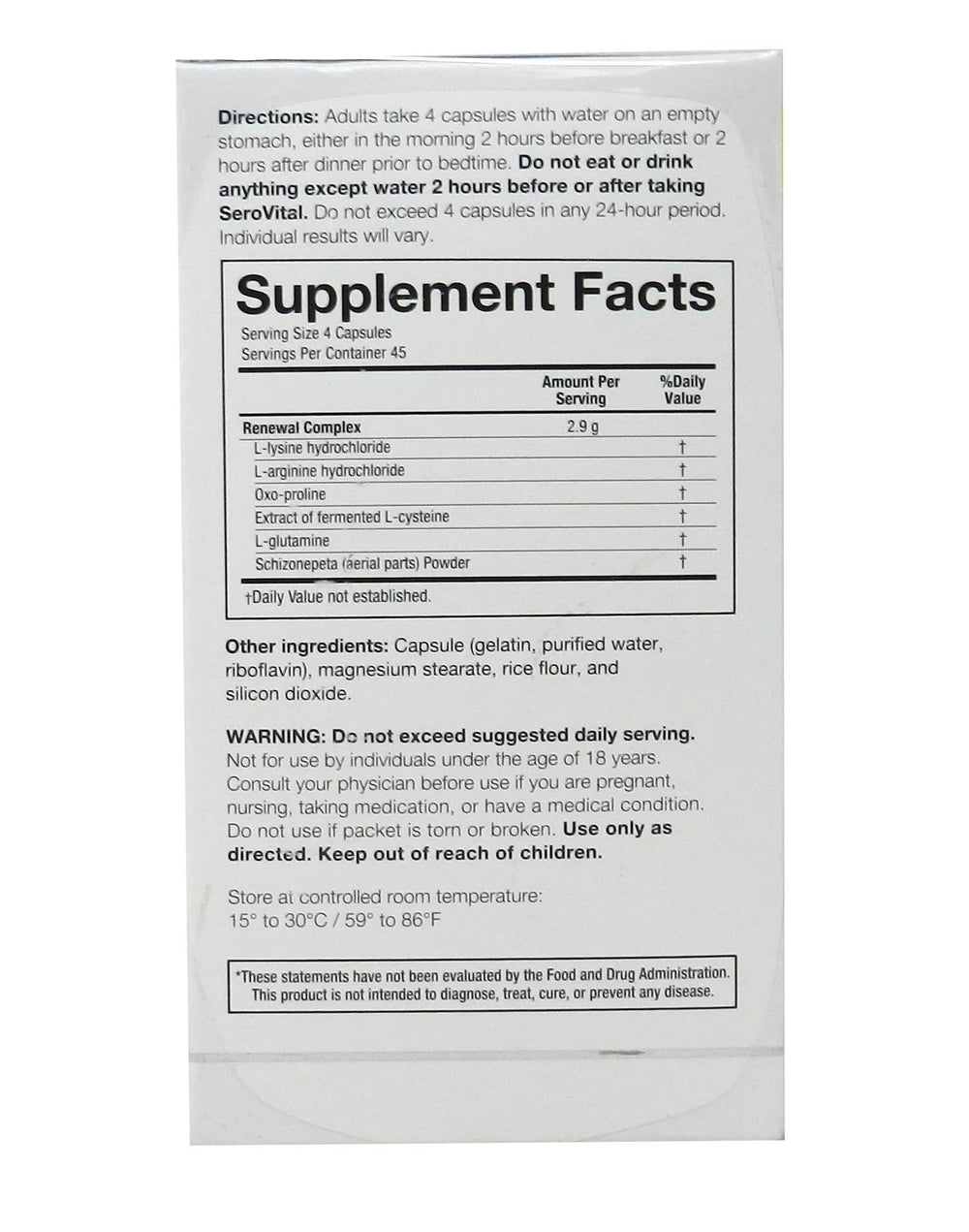 Serovital Renewal Complex capsules pack emphasizes easy daily use.