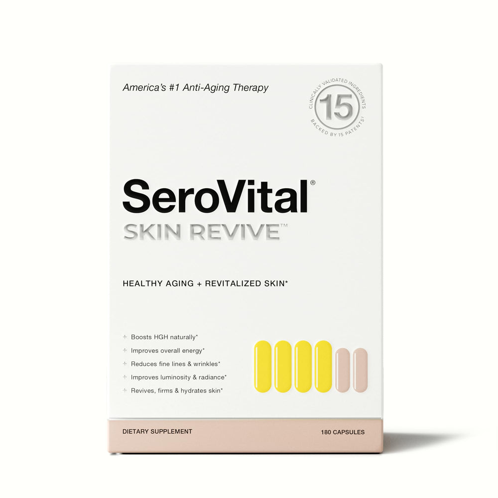 Serovital Skin Revive bottle front showing dual action formula for daily aging support.