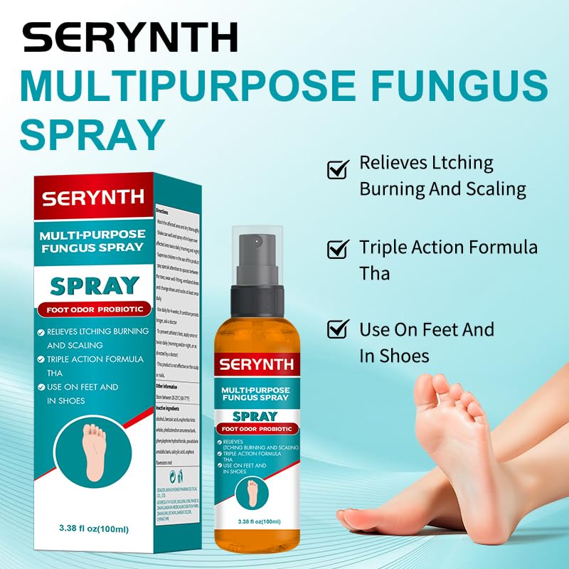 SERYNTH spray application angle demonstrating easy at-home use on feet.