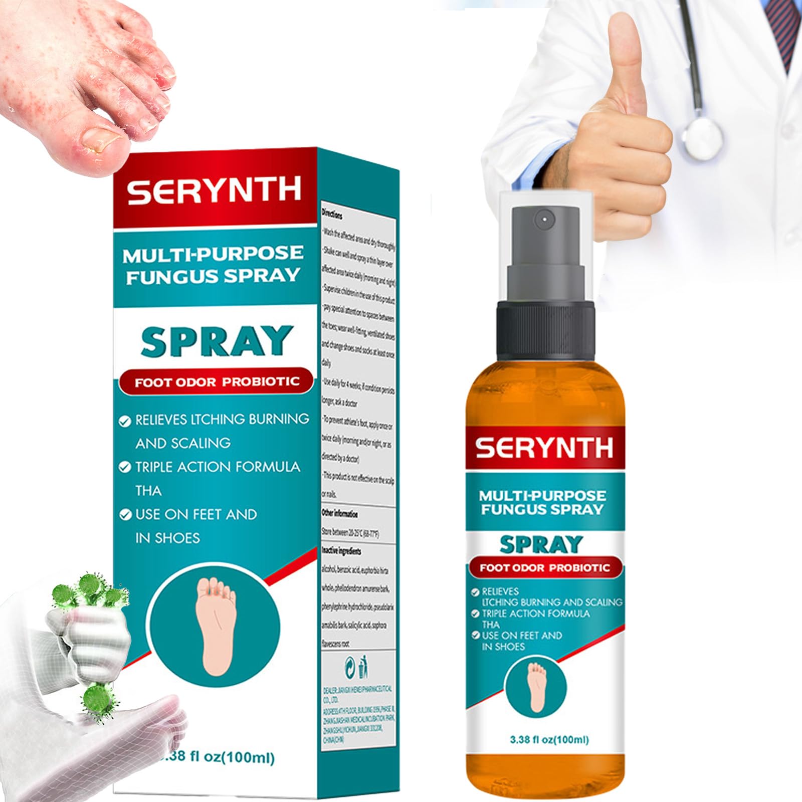 SERYNTH Athletes Foot Spray bottle close-up showing product design and labeling.
