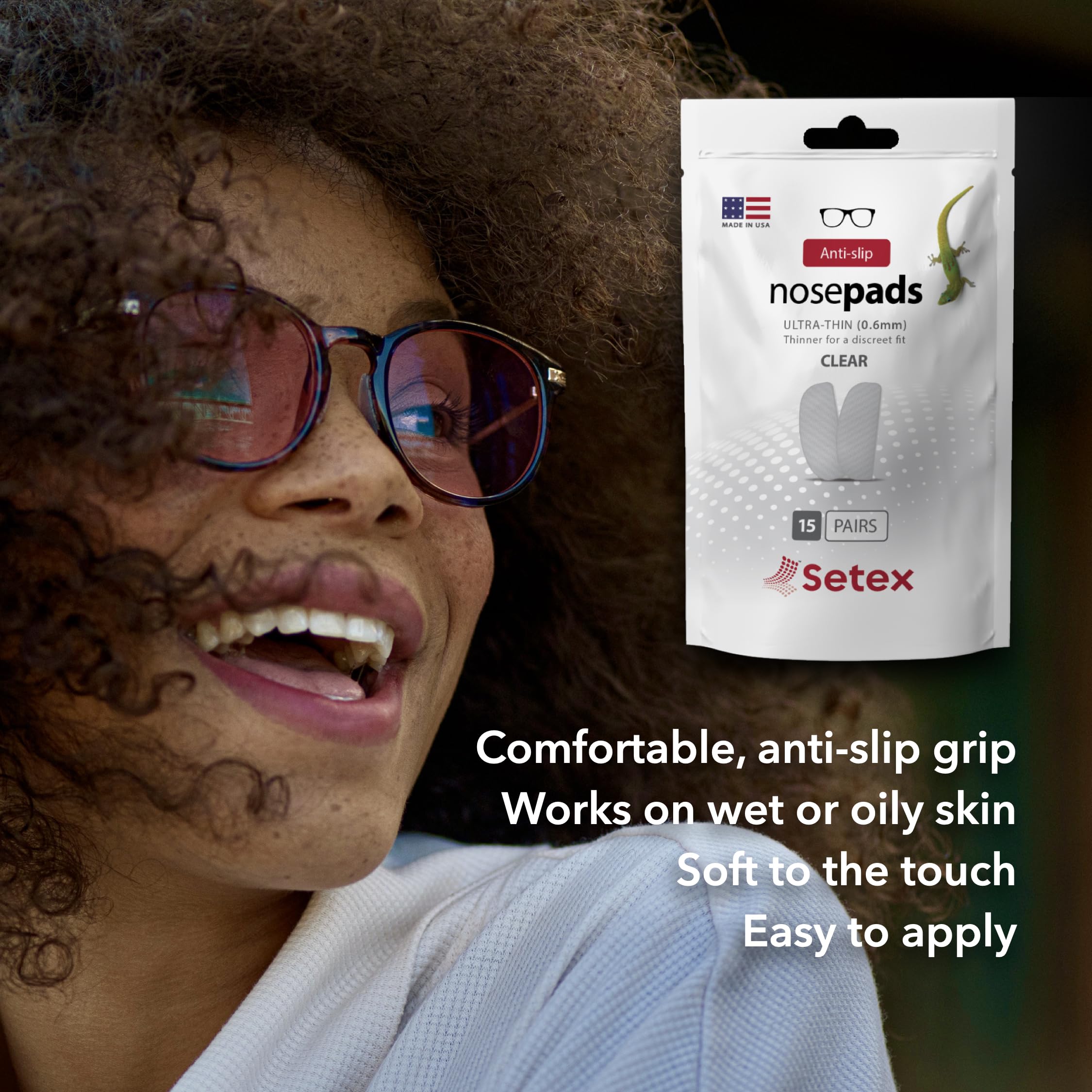 Setex Gecko Grip on glasses demonstrates anti-slip grip during movement.