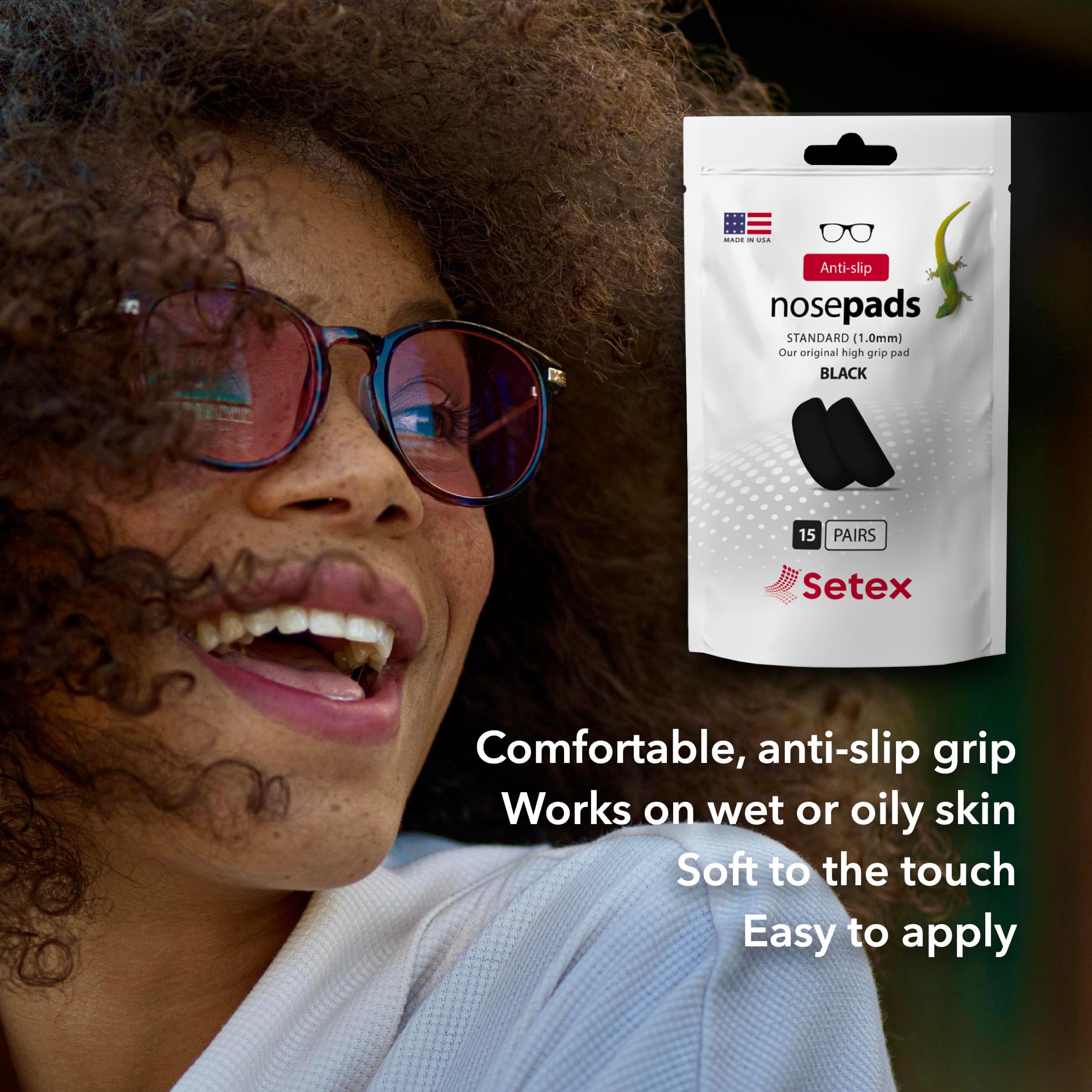 Setex Gecko Grip USA made badge on nose pad signals quality.