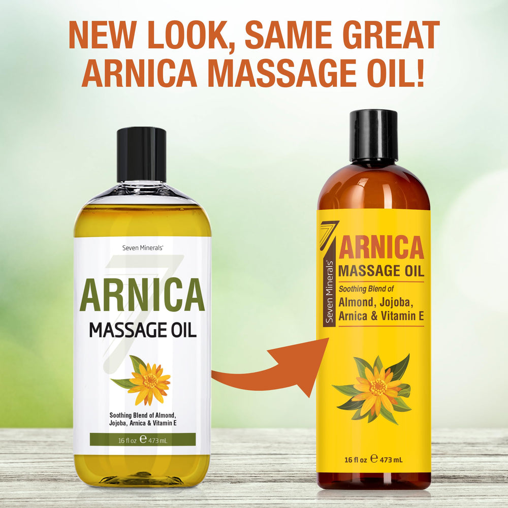 Seven Minerals Arnica oil pours from bottle highlighting its smooth texture