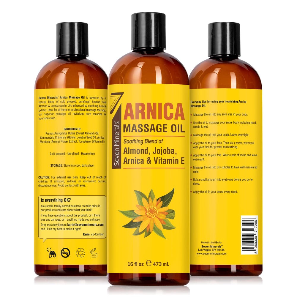 Seven Minerals Arnica oil bottle with pump for professional or home use