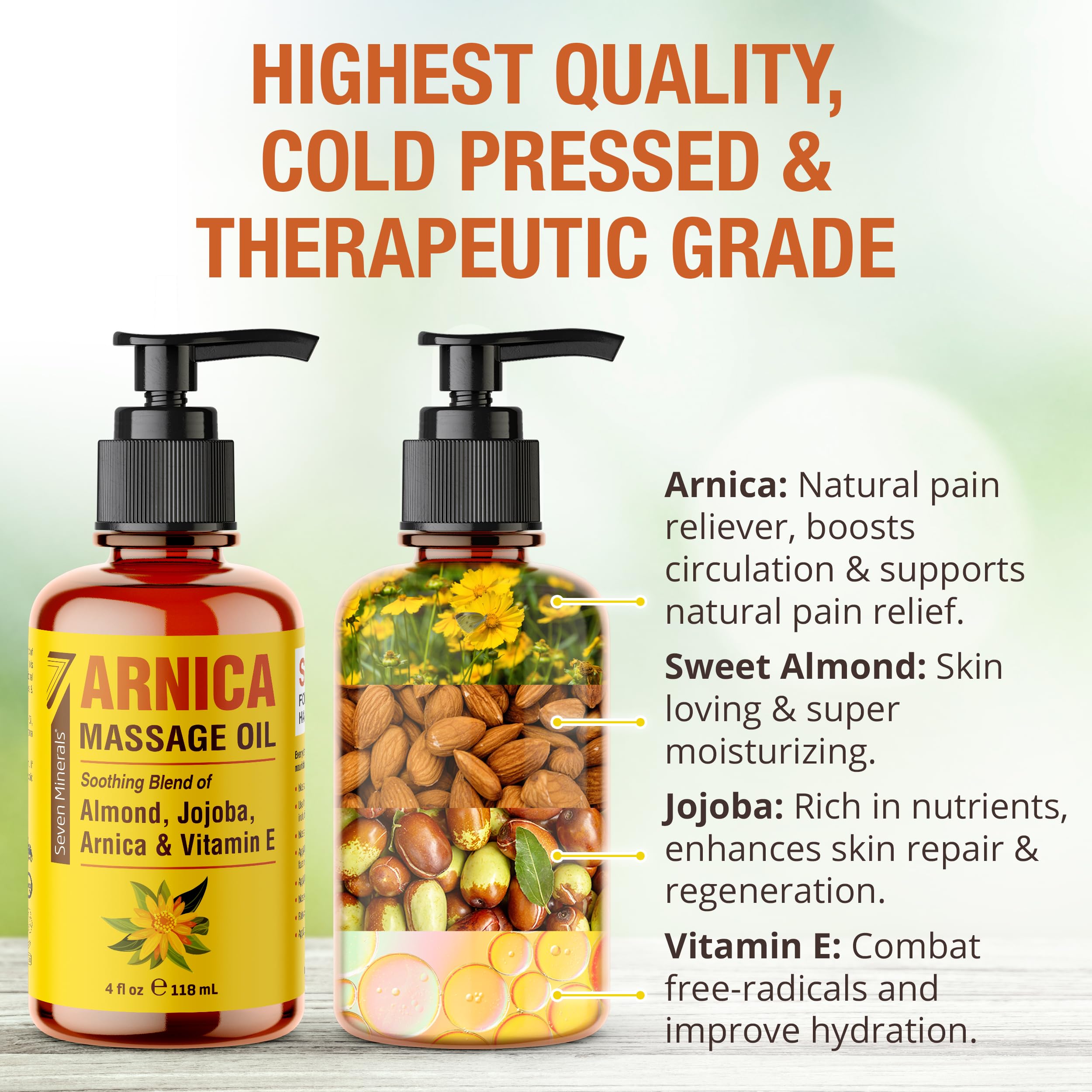 Seven Minerals Arnica Sore Muscle Oil close-up of Arnica flowers showing natural ingredients.