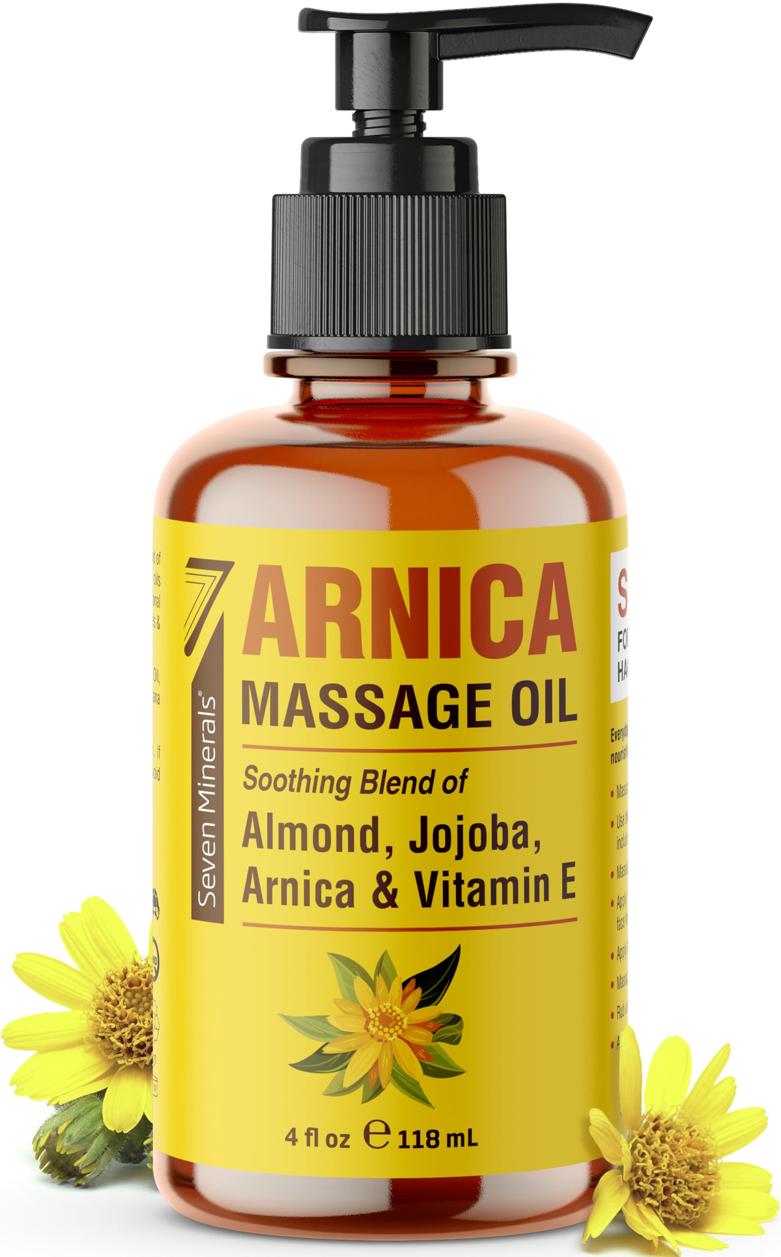 Seven Minerals Arnica Sore Muscle Massage Oil bottle front view for professional or at-home massage.