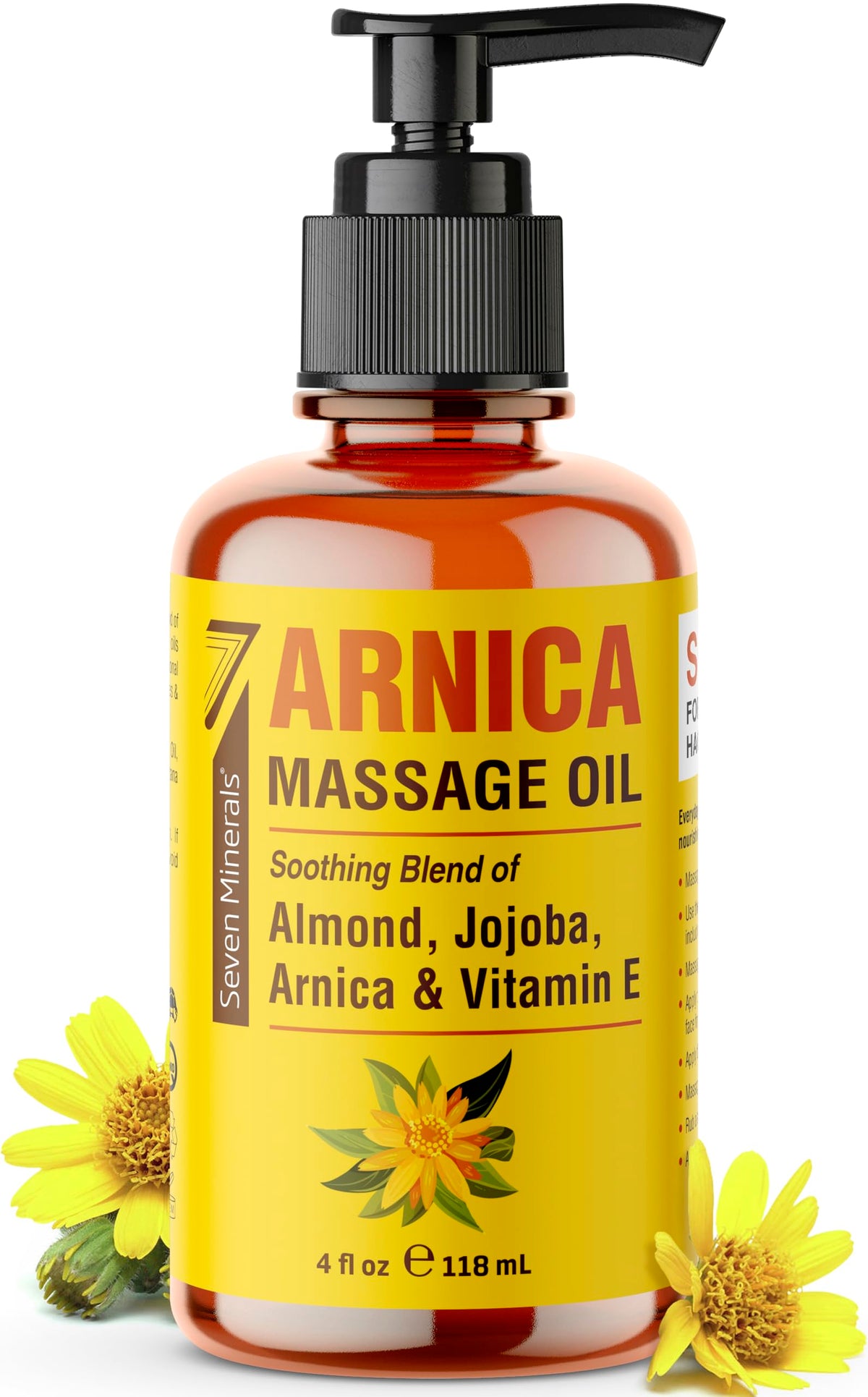 Seven Minerals Arnica Sore Muscle Massage Oil bottle front view for professional or at-home massage.