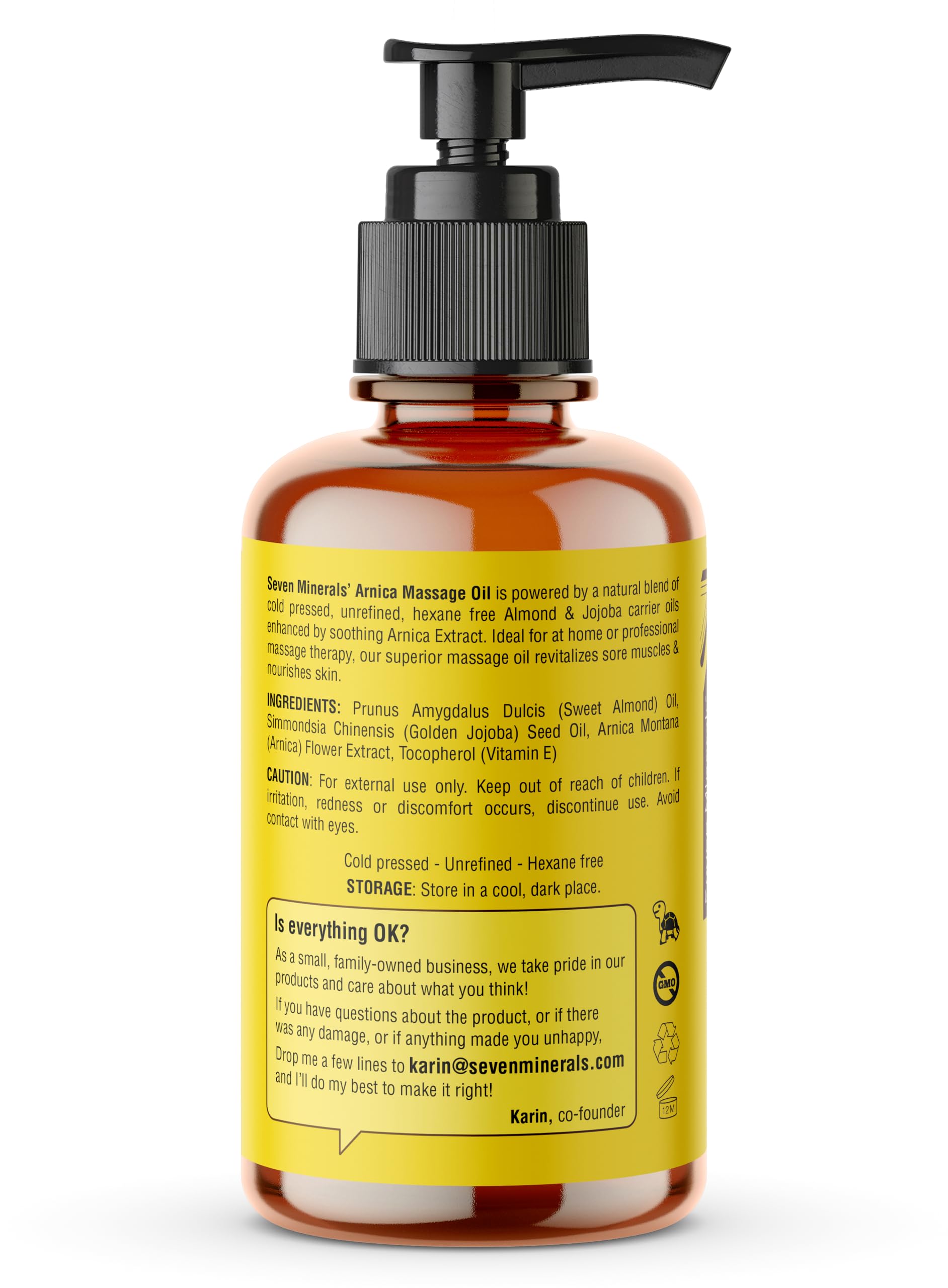 Seven Minerals Arnica Sore Muscle Oil bottle with clear 4 oz label ready to use.