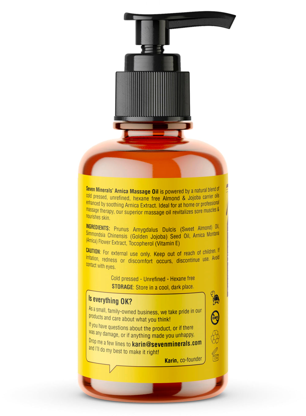 Seven Minerals Arnica Sore Muscle Oil bottle with clear 4 oz label ready to use.