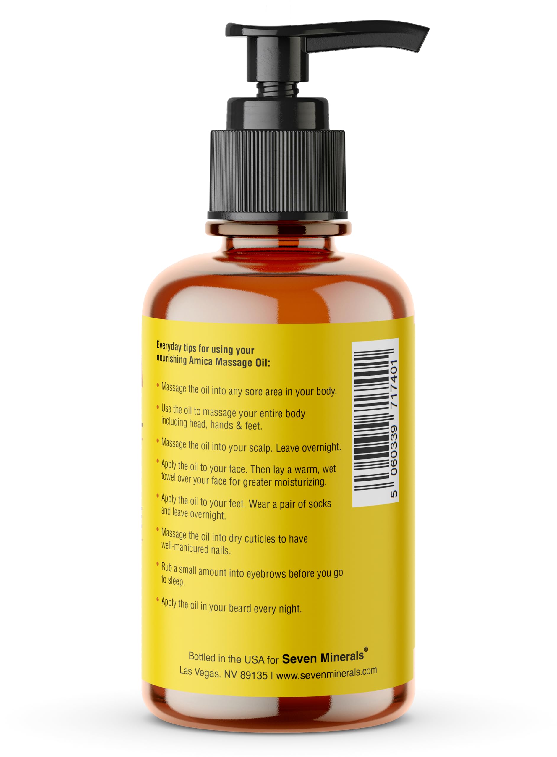 Seven Minerals Arnica Sore Muscle Oil being applied by a therapist for massage therapy.