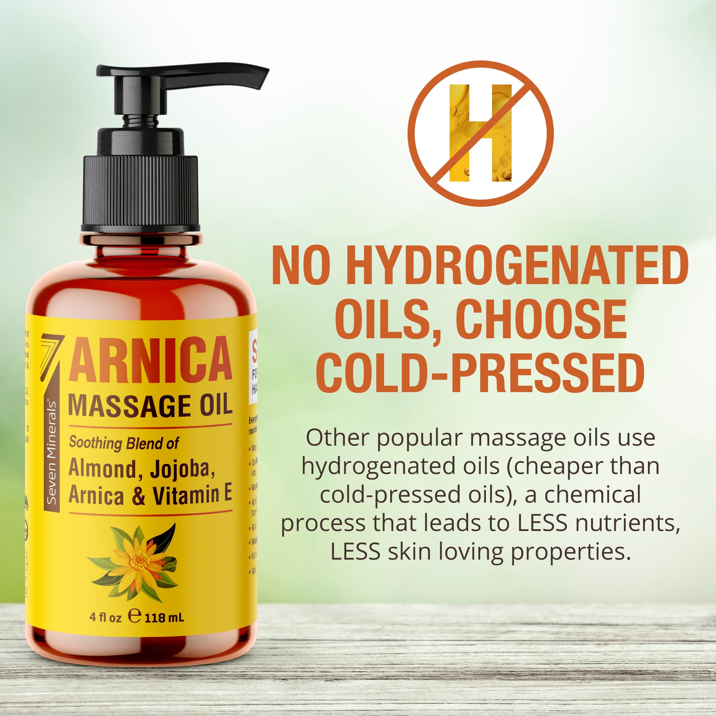 Seven Minerals Arnica Sore Muscle Massage Oil shown during a massage session to ease muscle tension.
