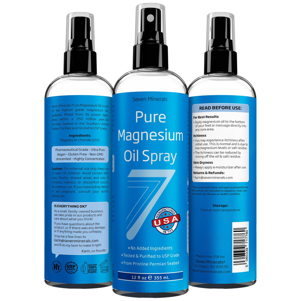 Nighttime scene with Seven Minerals magnesium oil spray suggesting relaxation before sleep.