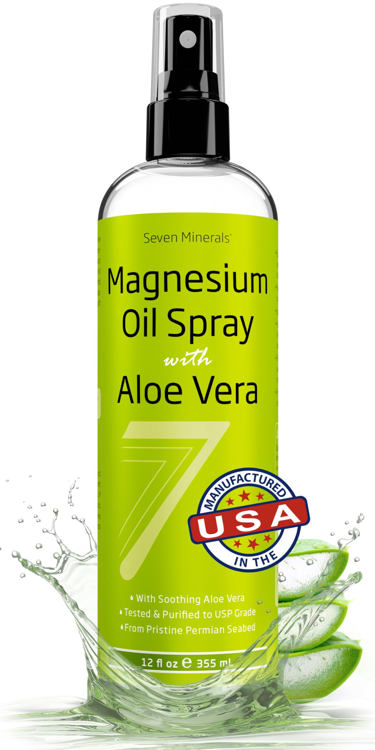Seven Minerals magnesium oil spray bottle front showing the 12oz packaging for daily use
