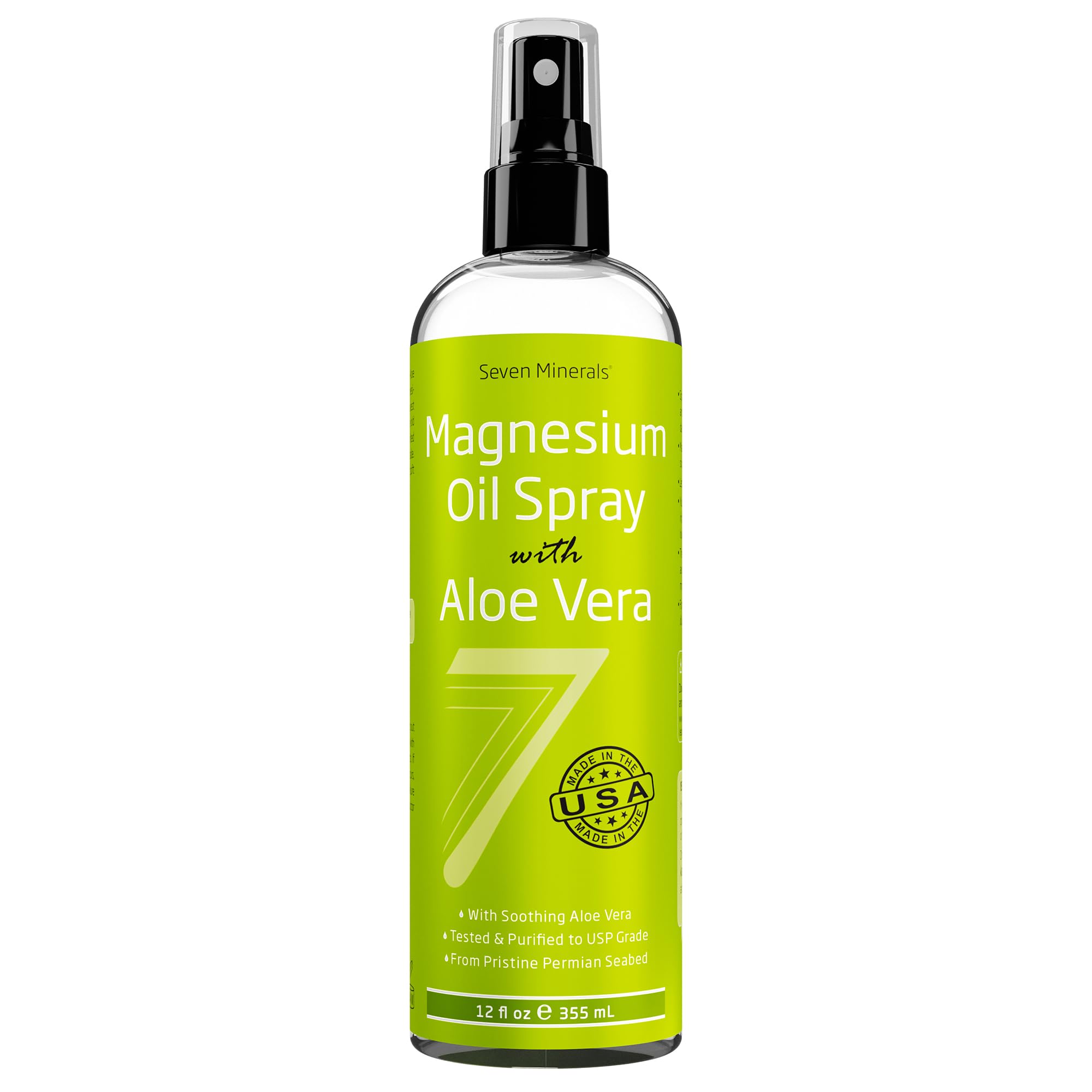Seven Minerals magnesium oil spray 12oz label detail features a comfortable grip