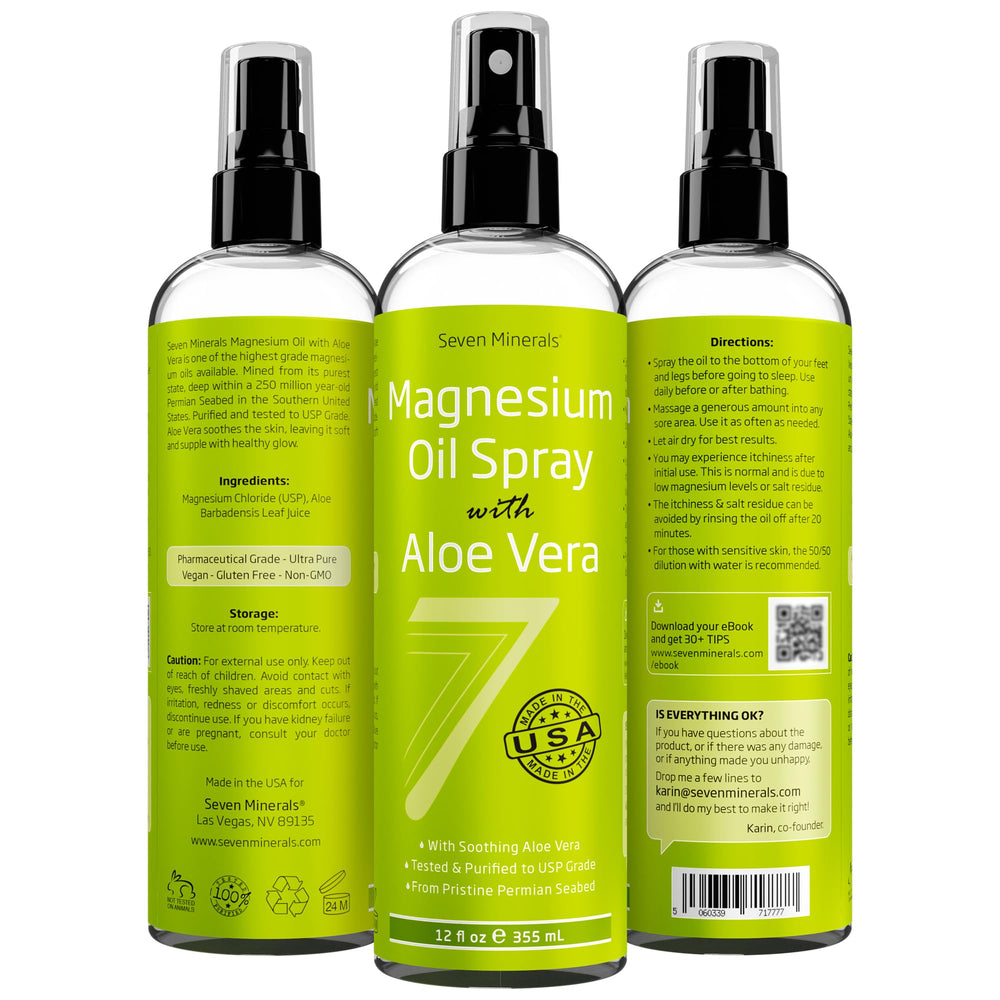 Seven Minerals magnesium oil spray USA-mined highlighting purity and domestic sourcing