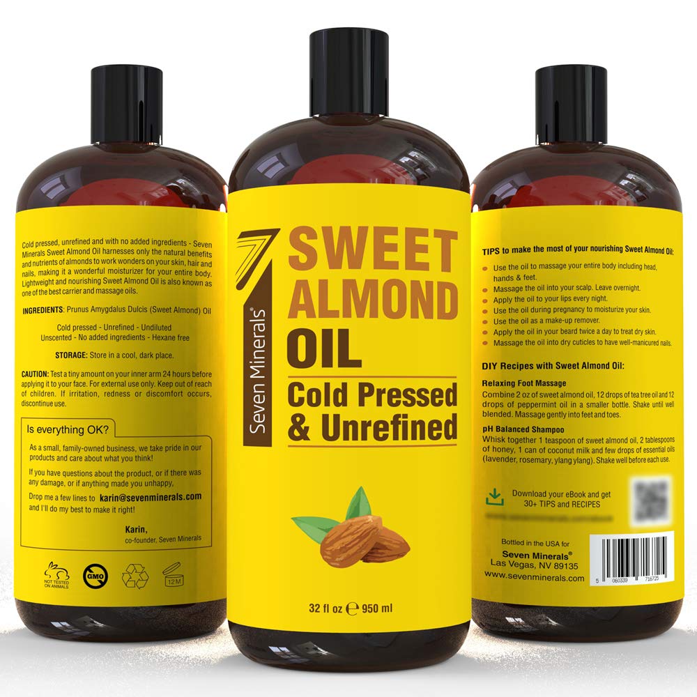 Seven Minerals Sweet Almond Oil applied to skin offers gentle hydration and smoothing after shower.