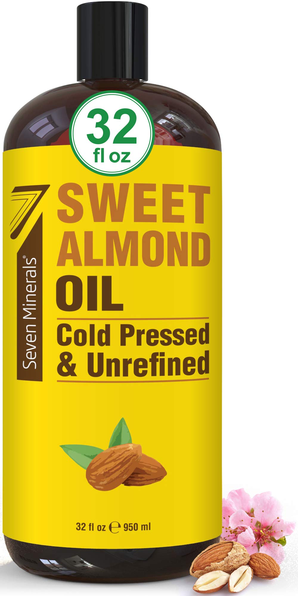 Seven Minerals Sweet Almond Oil bottle 32oz pour for easy skin and hair care.