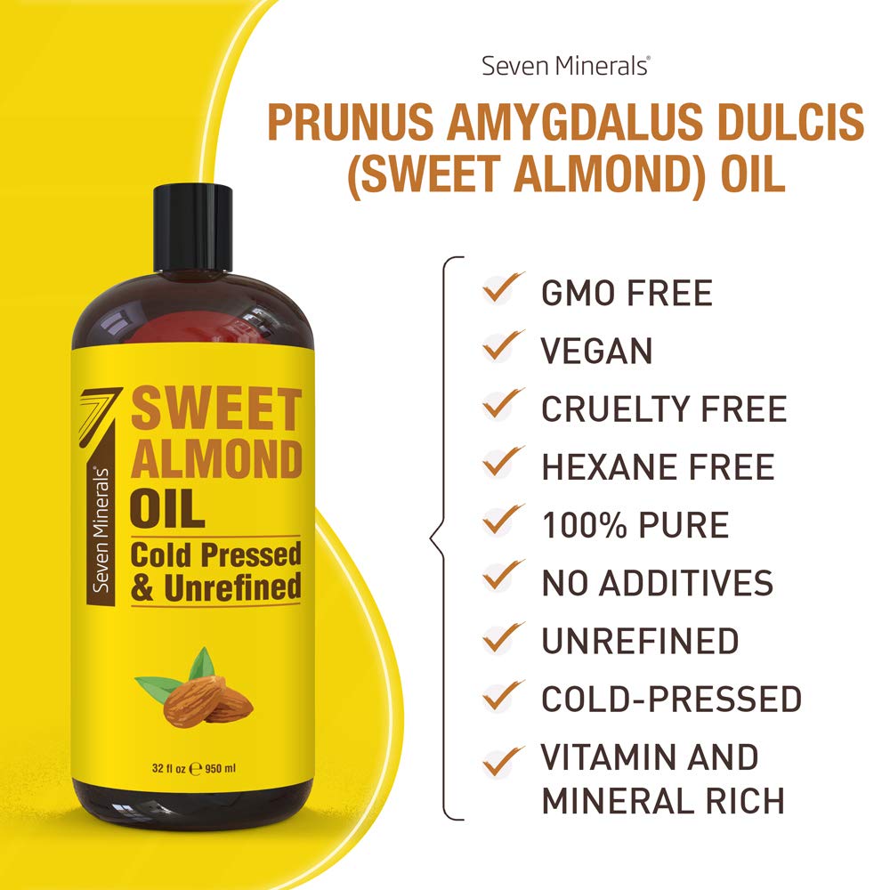 Seven Minerals Sweet Almond Oil glass bottle highlights natural, unrefined quality in a large 32oz option.