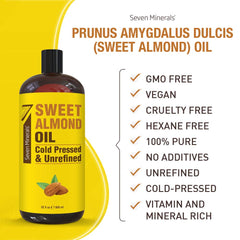 Seven Minerals Sweet Almond Oil glass bottle highlights natural, unrefined quality in a large 32oz option.